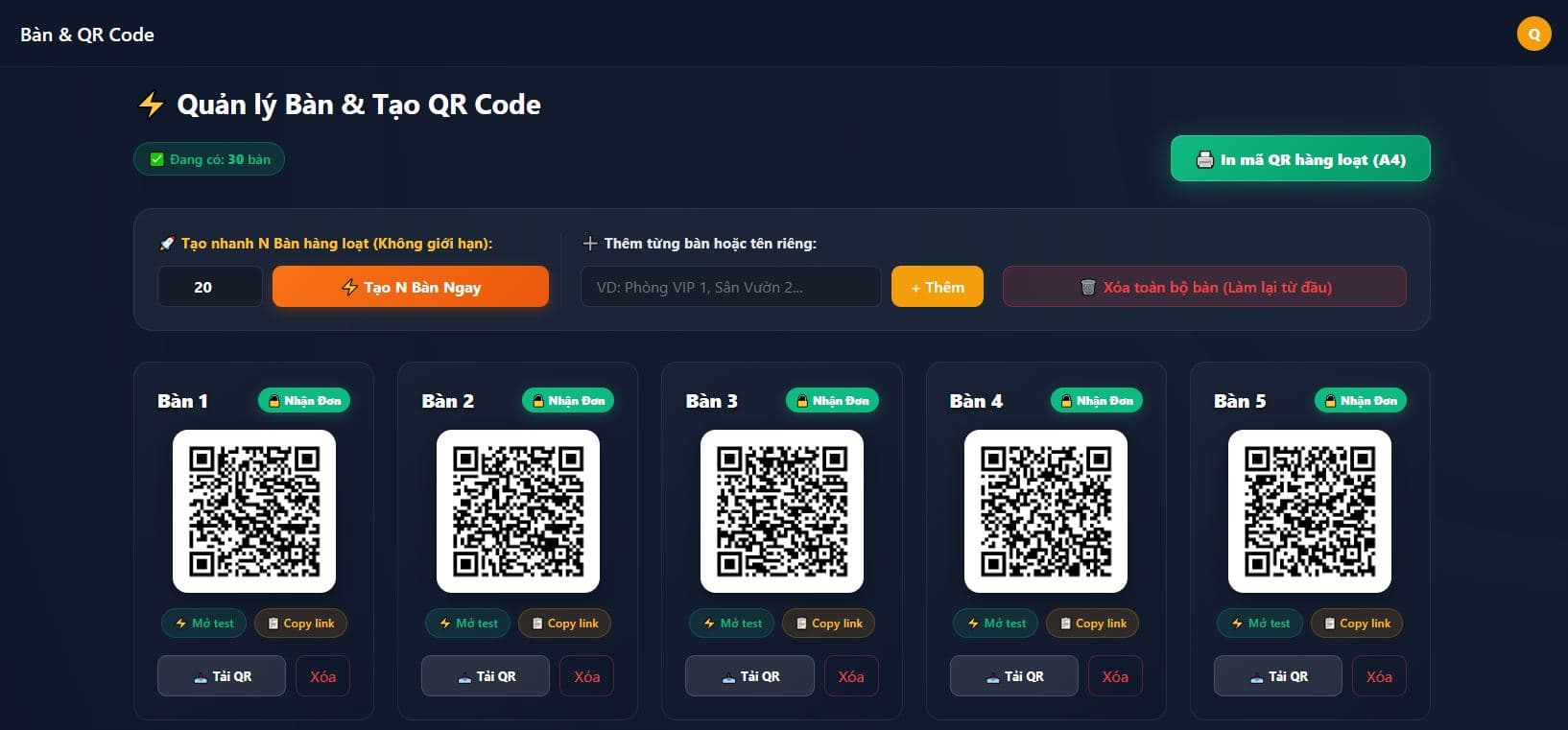 Màn hình tính năng quản lý bàn và tự động tạo mã QR trên phần mềm ChotMon