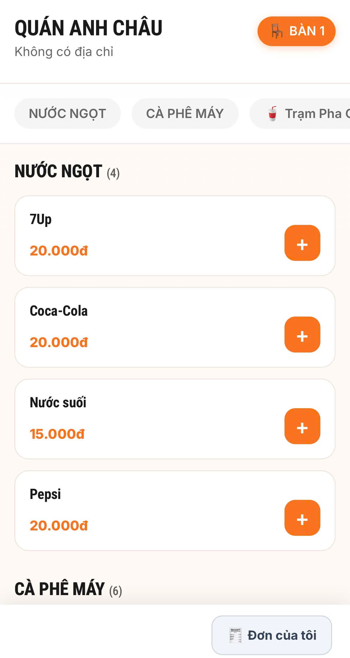 Giao diện menu gọi món ChotMon tại bàn cho khách hàng