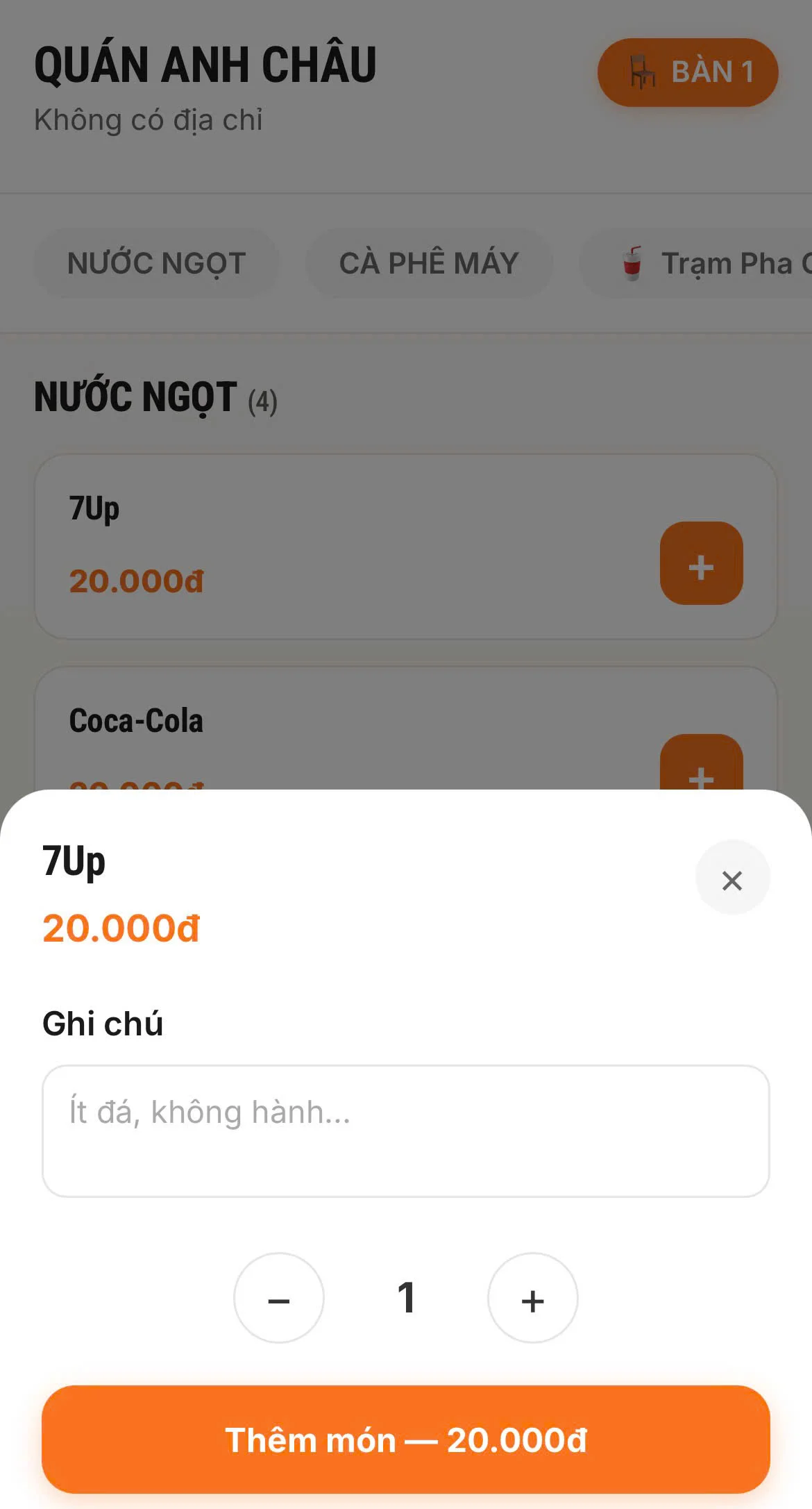 Giao diện gọi món trên điện thoại của ChotMon